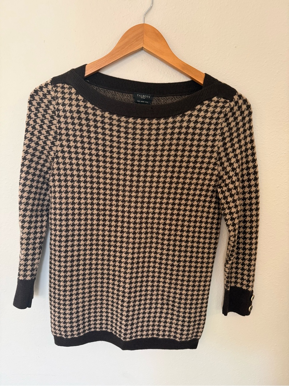 Talbots Black and Beige Houndstooth Crewneck Sweater